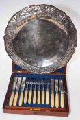 Cased set of ivory handled dessert knives and forks, and EP tray.