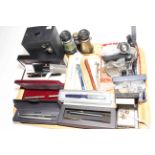 Box camera, binoculars, various wristwatches, fountain and ballpoint pens, cufflinks, etc.
