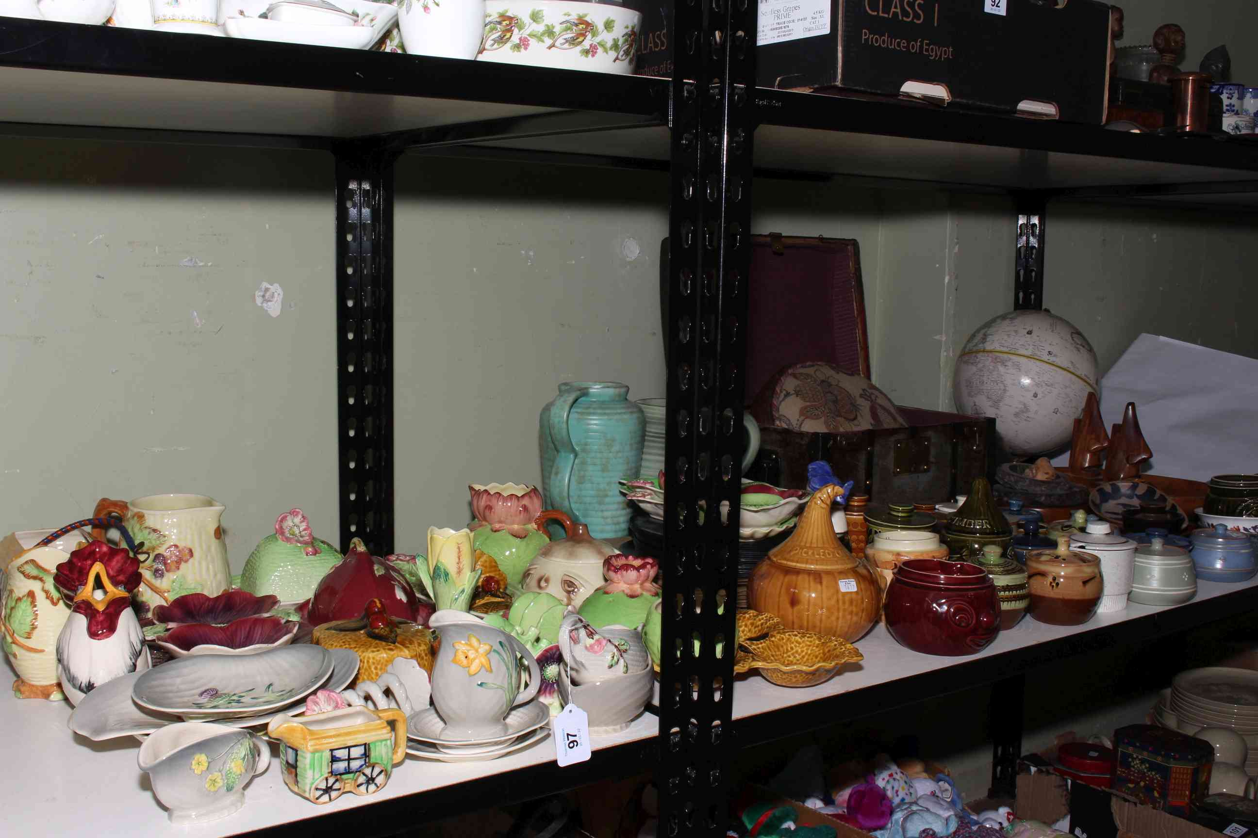Collection of Staffordshire Shorter & Son Ltd pottery, globe on stand, Sylvac, piano stool,