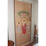 Large signed and inscribed Chinese scroll painting depicting 'The Three Buddha's'.