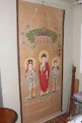 Large signed and inscribed Chinese scroll painting depicting 'The Three Buddha's'.