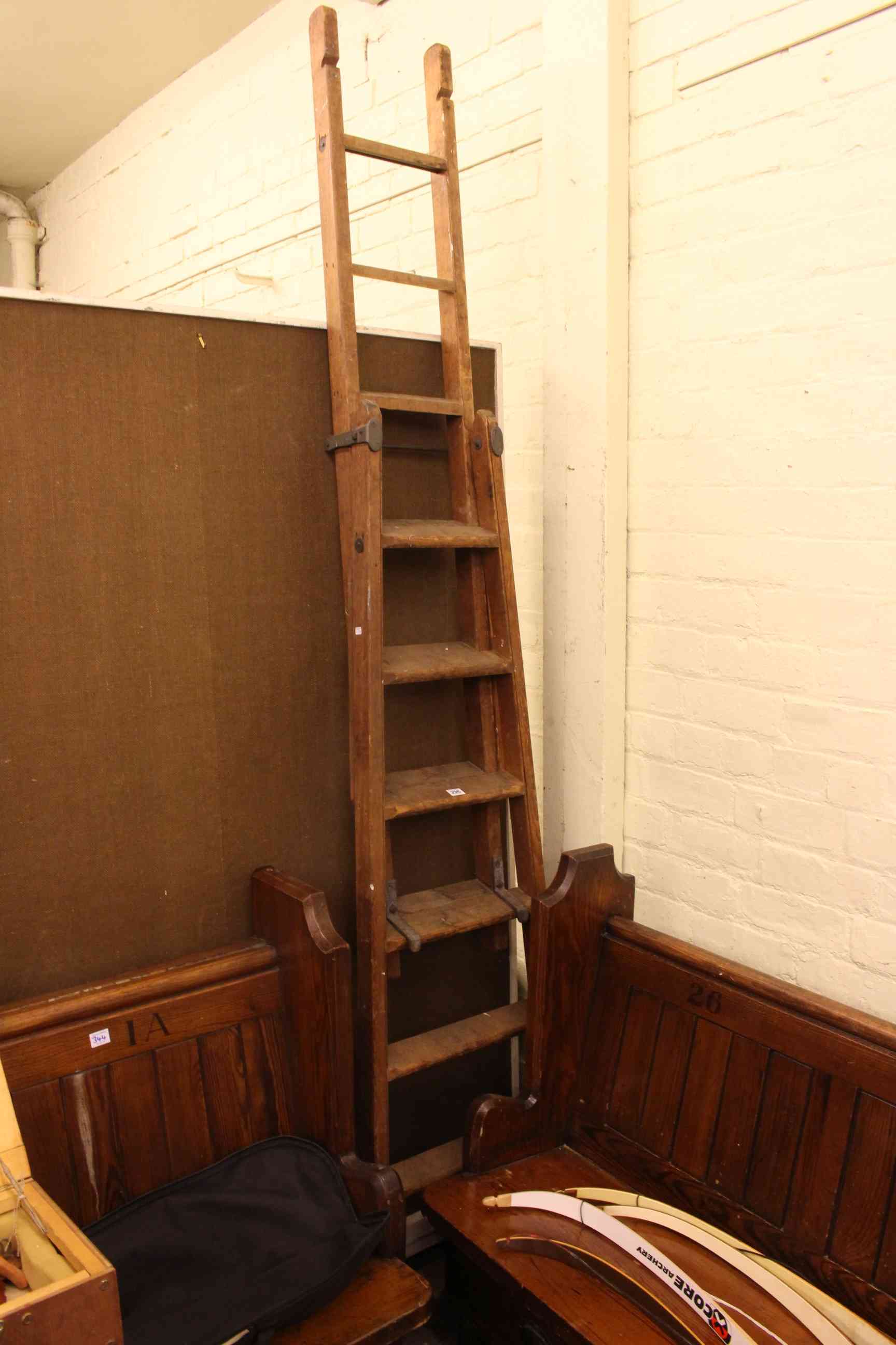 Vintage wooden extending ladder, labelled Drew Clark & Co Ltd Diamond Ladder Works.