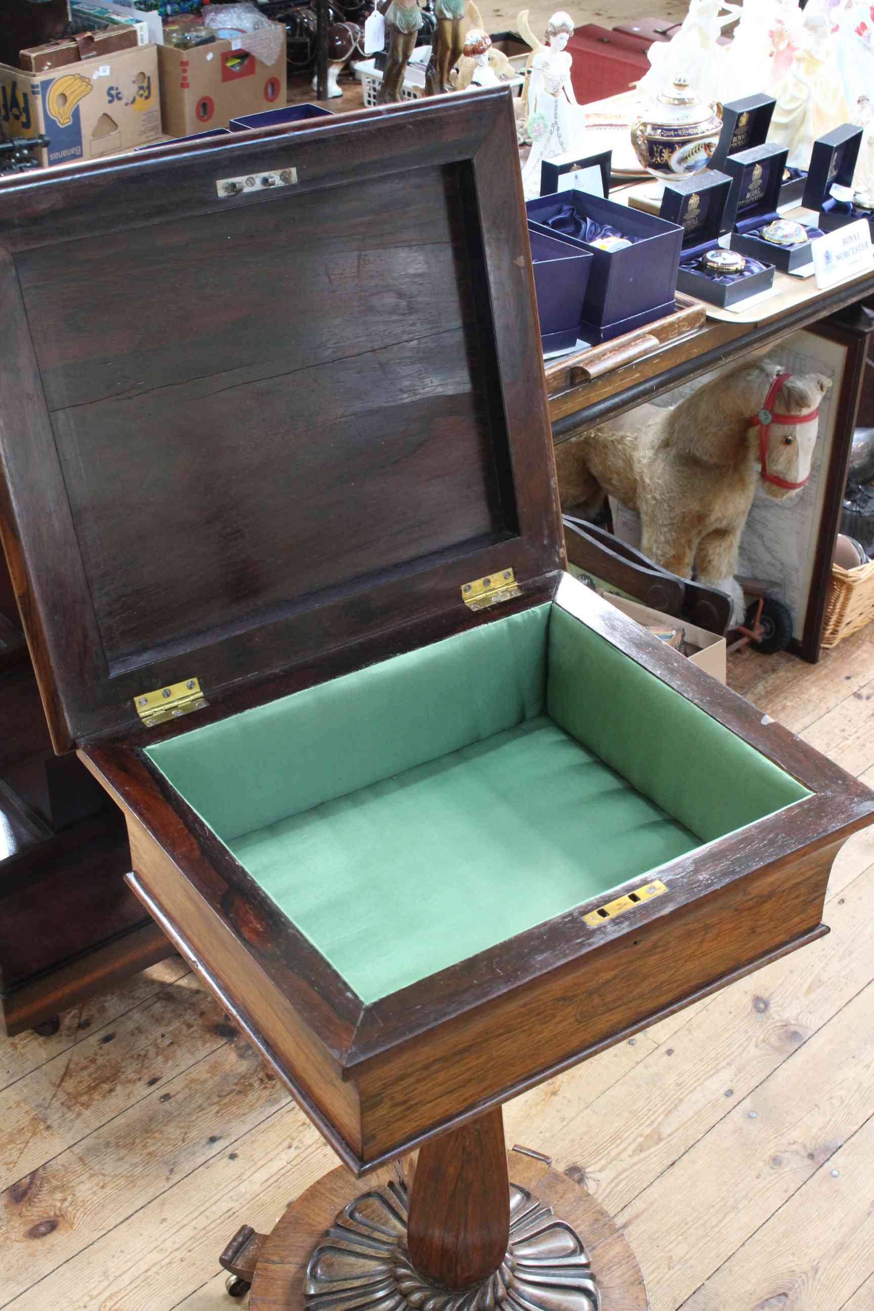 WmIV rosewood work box on turned pedestal to quadriform base, 81cm by 46cm by 39cm. - Image 3 of 3