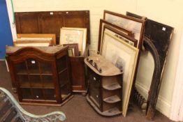 Oak blanket box, collection of pictures, cast fireplace and two glazed door wall cabinets.