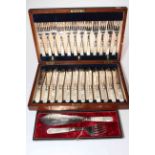 Silver plated and mother of pearl twelve fish knives and forks, and servers, cased.