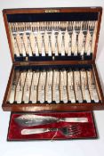 Silver plated and mother of pearl twelve fish knives and forks, and servers, cased.