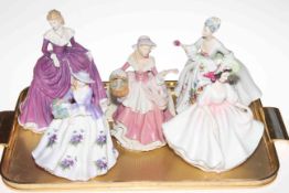 Three Royal Doulton ladies, Royal Worcester Sweet Violet and Wedgwood Rose figures (5).