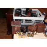 Collection of vintage cameras and accessories, opera glasses, Lumiere Paris binoculars, etc.