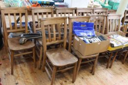 Set of nine beech and elm chapel chairs.