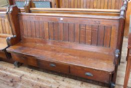 Pair Victorian pitch pine three drawer storage church pews, 160cm long approximately.