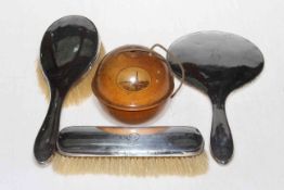 Silver three piece brush set, Chester circa 1910, together with Mauchline Blackpool string box.