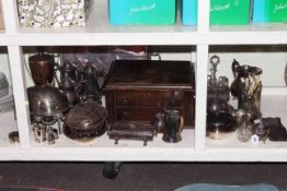 Oak canteen box and part canteen of cutlery, collection of silver plated items, cruet, tray,