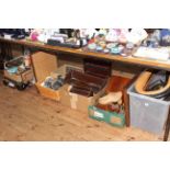 Pair of coach lamps, horse tack, wood items including wall cabinet, apprentice dresser, metalware,