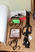 Arts & Crafts fire irons, butter curl and stamp, gunpowder measures, shot flask, bullet mould,