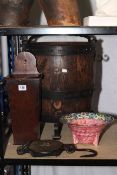 Oak coopered and cast metal coal bucket, mahogany candle box, Maling bowl and balance scale.