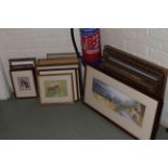 Collection of seventeen framed watercolours, oils, sampler, etc.