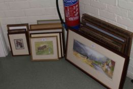 Collection of seventeen framed watercolours, oils, sampler, etc.