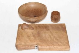 Mouseman octagonal napkin ring, nut bowl and small cheese board with knife, 23cm across (3).