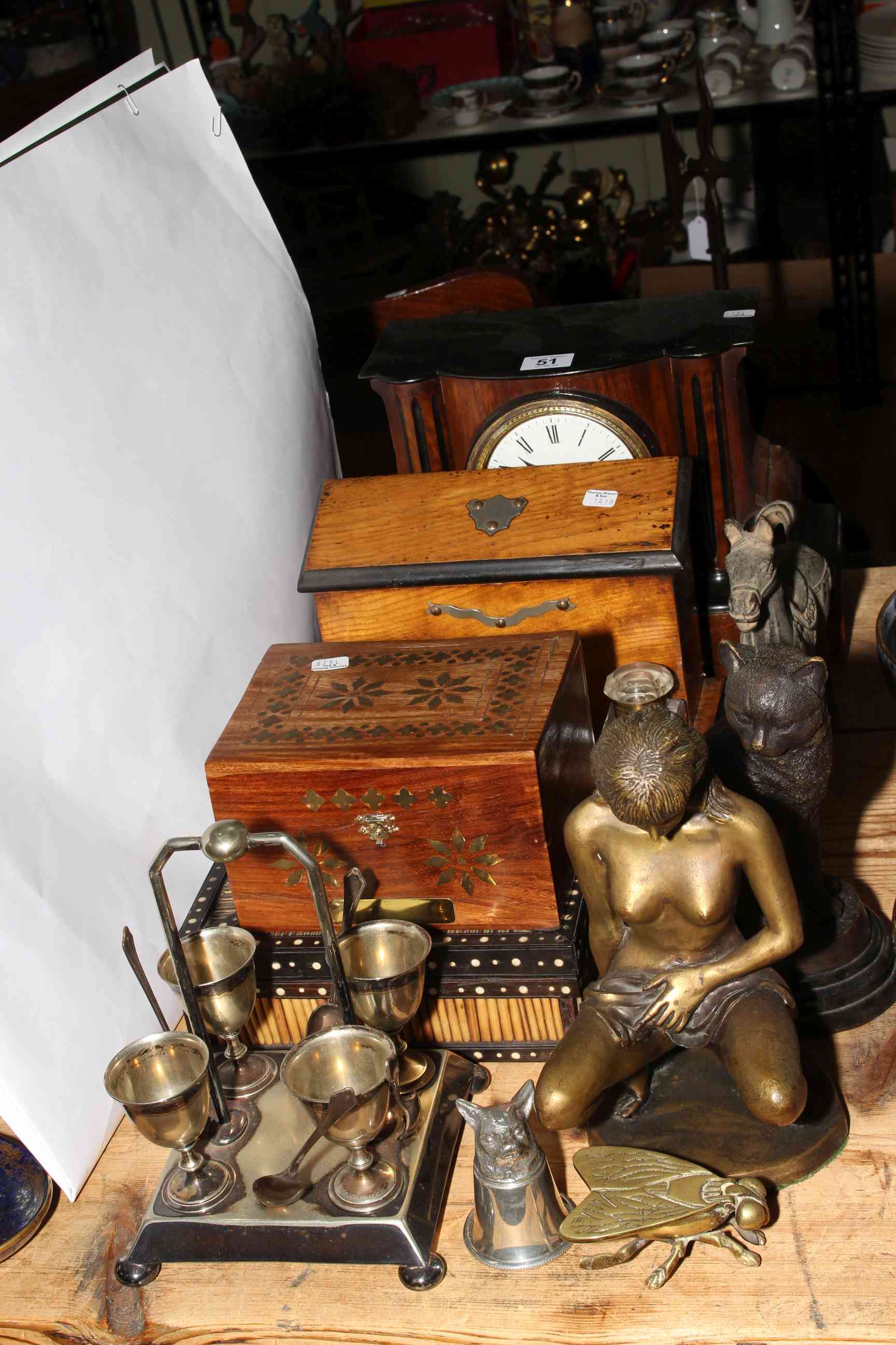 Victorian inkstand and mantel clock, bronze figures, boxes, EPNS egg stand, etc.