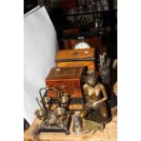 Victorian inkstand and mantel clock, bronze figures, boxes, EPNS egg stand, etc.