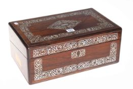 Vintage mahogany and mother of pearl inlaid writing box, 40cm.