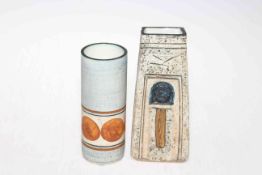 Troika coffin vase, marked TROIKA CORNWALL and Mary Baker monogram, 17cm (cracks running from rim),