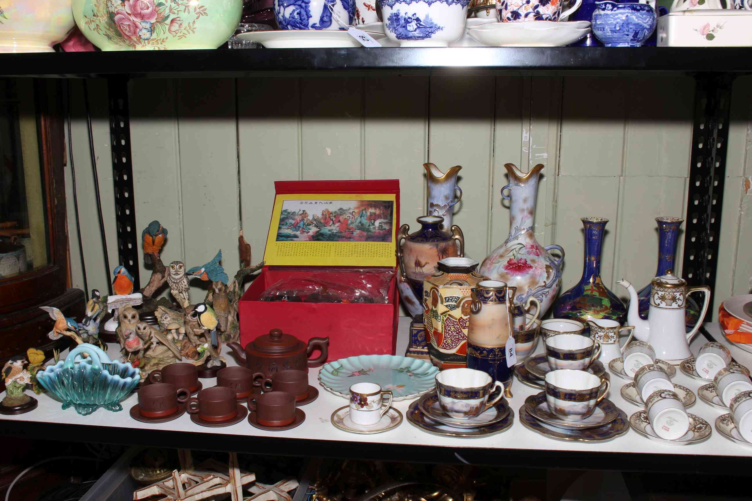 Devon lustre vases, Oriental boxed tea set, Noritake, Country Artist bird figures, etc.
