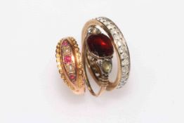 Tiny ruby and seed pearl 9 carat gold ring, diamond 9 carat gold eternity ring, and third ring (3).