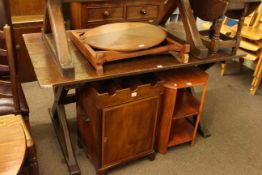 Georgian mahogany and line inlaid wine cabinet, oak book table, small jointed oak drop leaf table,