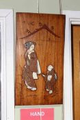 Pair of Oriental inlaid wood panels, 49cm by 27cm.