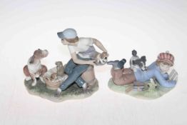 Two Lladro groups of children with puppies, largest 21cm wide.