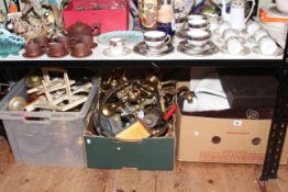 Six boxes of oil lamps, wall lights, porcelain, glass, etc.