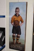 Billy Wright, Wolves & England footballer, oil on board, 70cm by 25cm.
