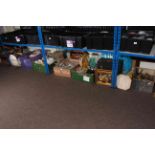 Seven boxes of glass, china, records, small display cabinets, kitchen scales and bell weights,