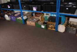 Seven boxes of glass, china, records, small display cabinets, kitchen scales and bell weights,