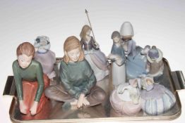 Collection of six Lladro figures (one damaged head and one umbrella),