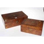 Two Victorian walnut portable writing boxes, one burr and the other inlaid, largest 40cm by 24cm.