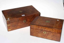 Two Victorian walnut portable writing boxes, one burr and the other inlaid, largest 40cm by 24cm.