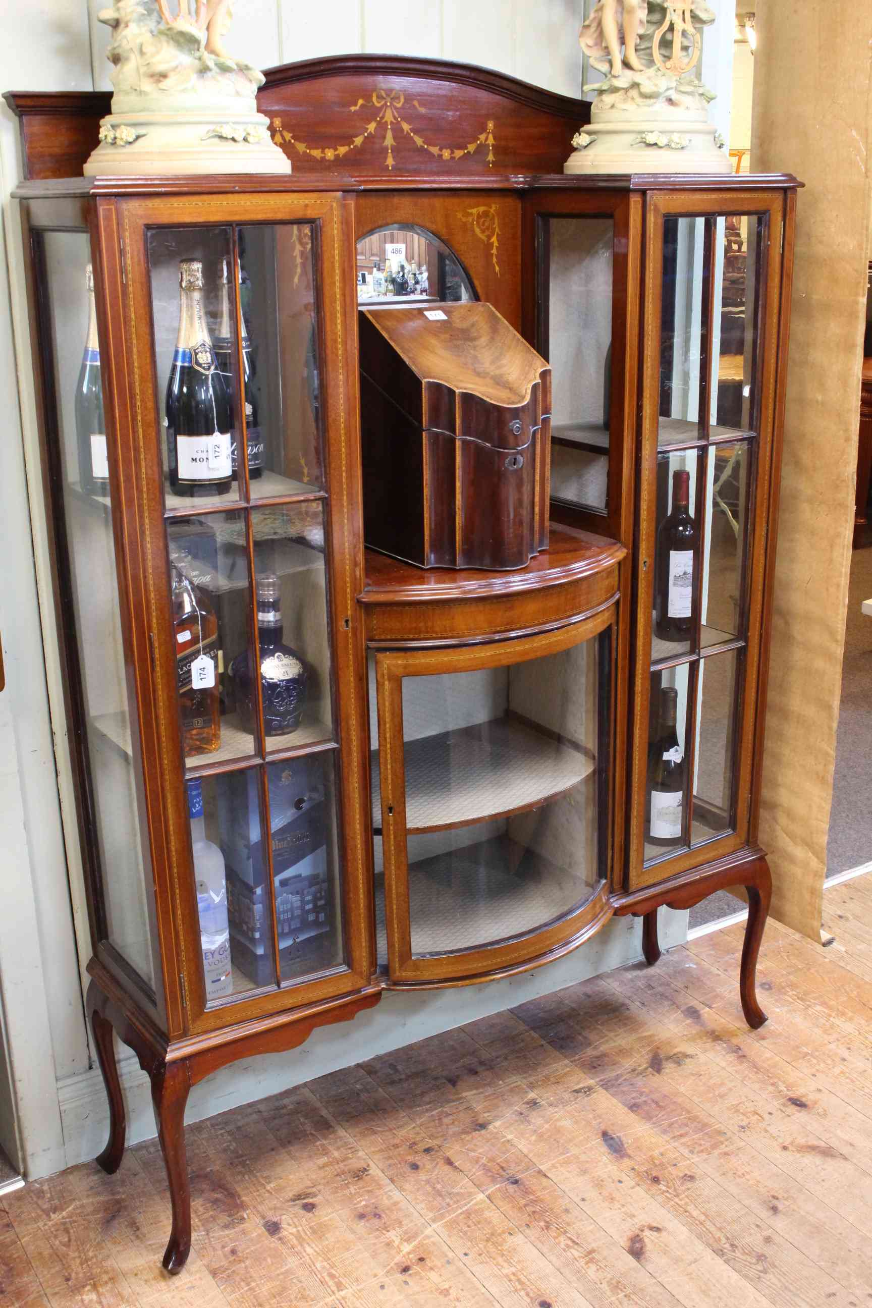Edwardian mahogany floral and chequer inlaid mirror backed vitrine, 177cm by 121cm by 32cm.