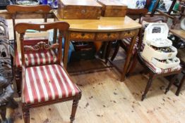 Inlaid mahogany three drawer bow front side table and four Victorian dining chairs (3x1).