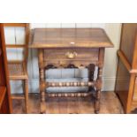 Oak single drawer side table on bobbin legs, 71cm by 69cm by 45cm.