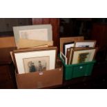 Two boxes of various prints and paintings.