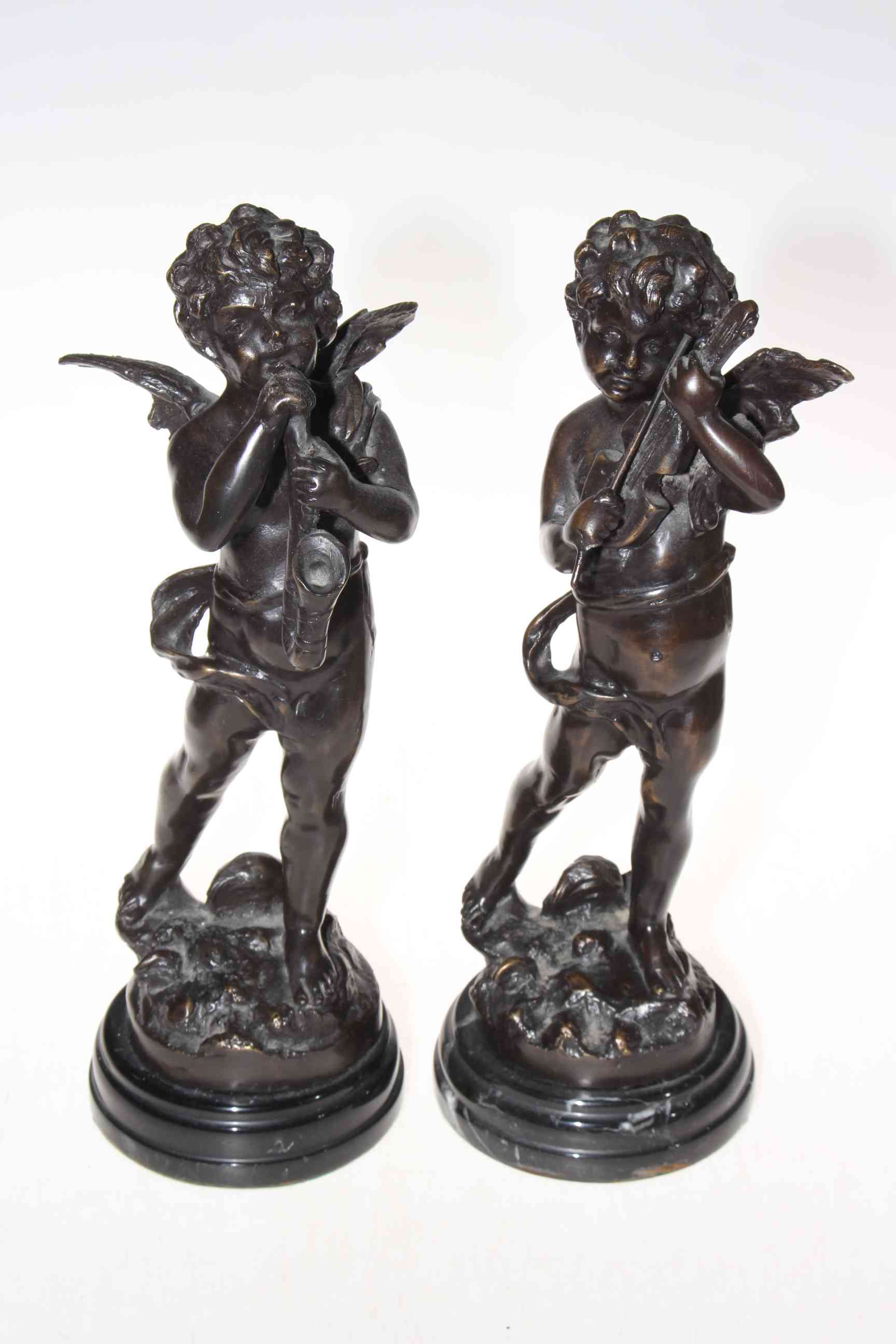 Pair bronze winged musical putti, 32.5cm.