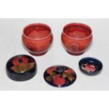 Pair Moorcroft Florian vases (defects) 9cm, together with small pomegranate bowl with warrant label,