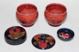 Pair Moorcroft Florian vases (defects) 9cm, together with small pomegranate bowl with warrant label,