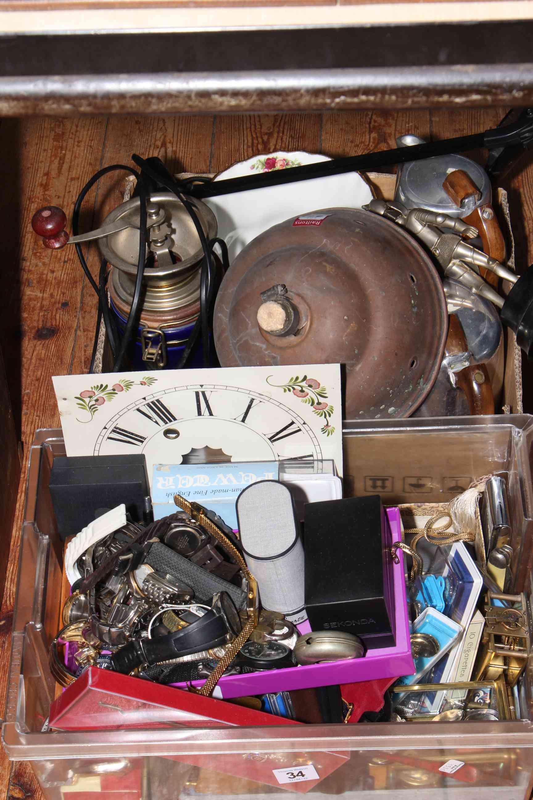 Two boxes of watches, clock movement, jewellery, Piquot tea service, wall clock, etc.