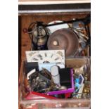 Two boxes of watches, clock movement, jewellery, Piquot tea service, wall clock, etc.