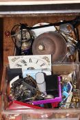 Two boxes of watches, clock movement, jewellery, Piquot tea service, wall clock, etc.