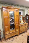 Victorian satin walnut mirror door wardrobe and dressing table and three bedroom chairs (wardrobe