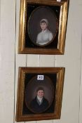 Pair oval painted portraits of a 19th Century Lady & Gentleman in gilt glazed frames, 26.